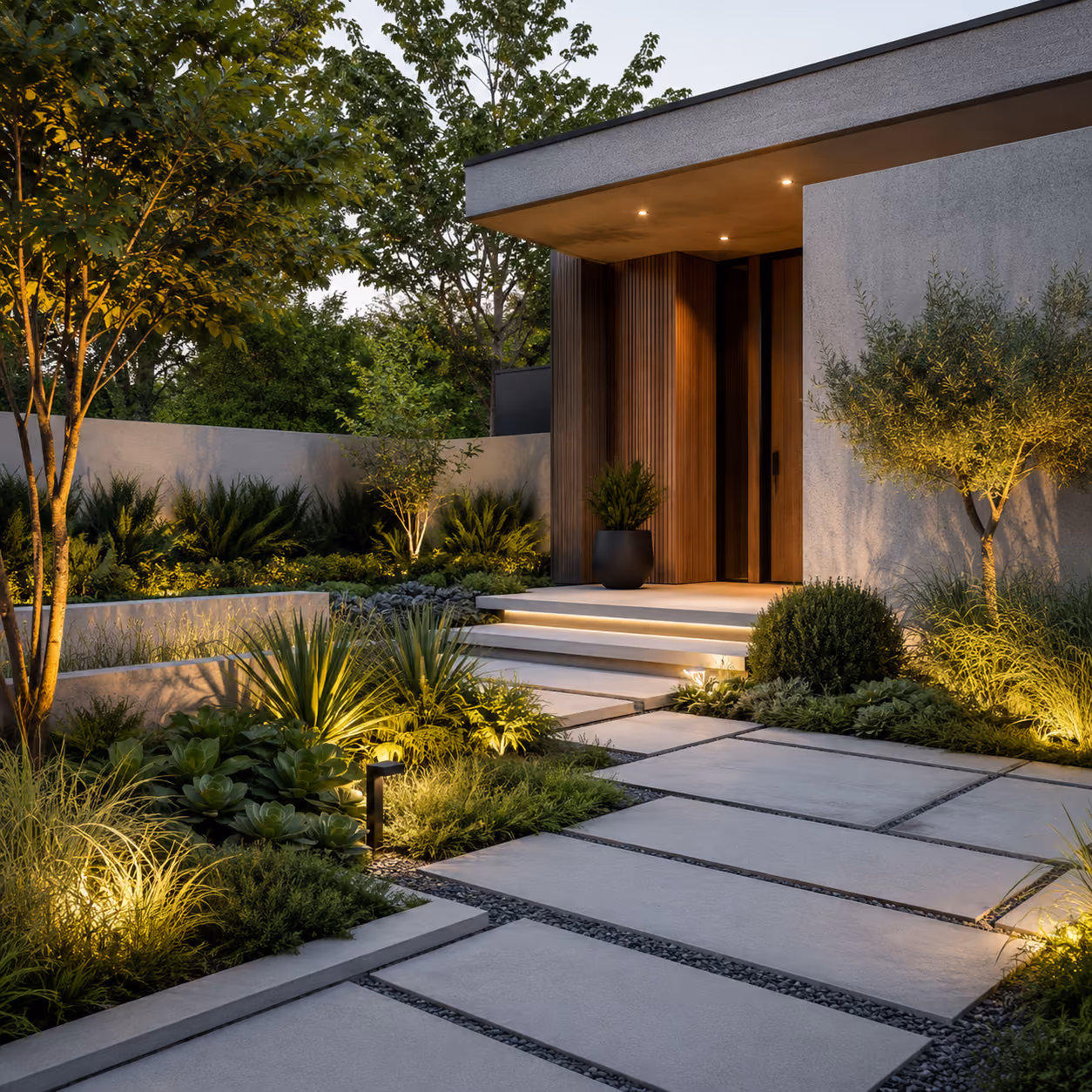 Modern house entrance with large stone tiles, steps, and landscaped garden lit by warm outdoor lights.