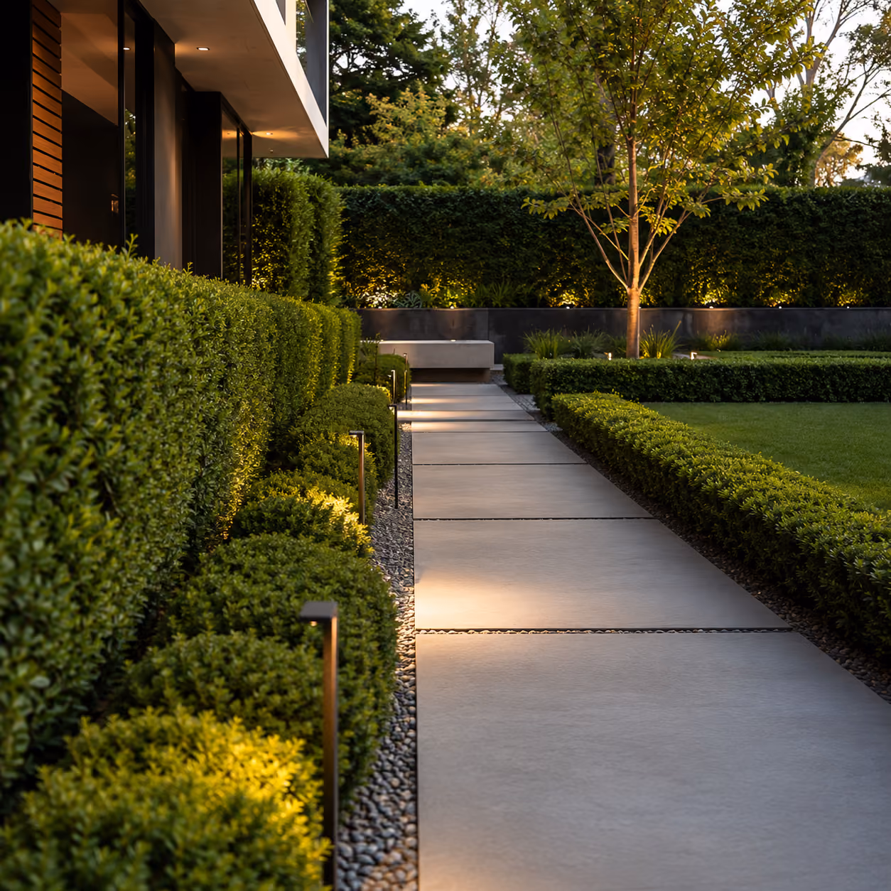 Modern concrete pathway lit by garden lights, bordered by trimmed hedges and greenery in a landscaped yard.