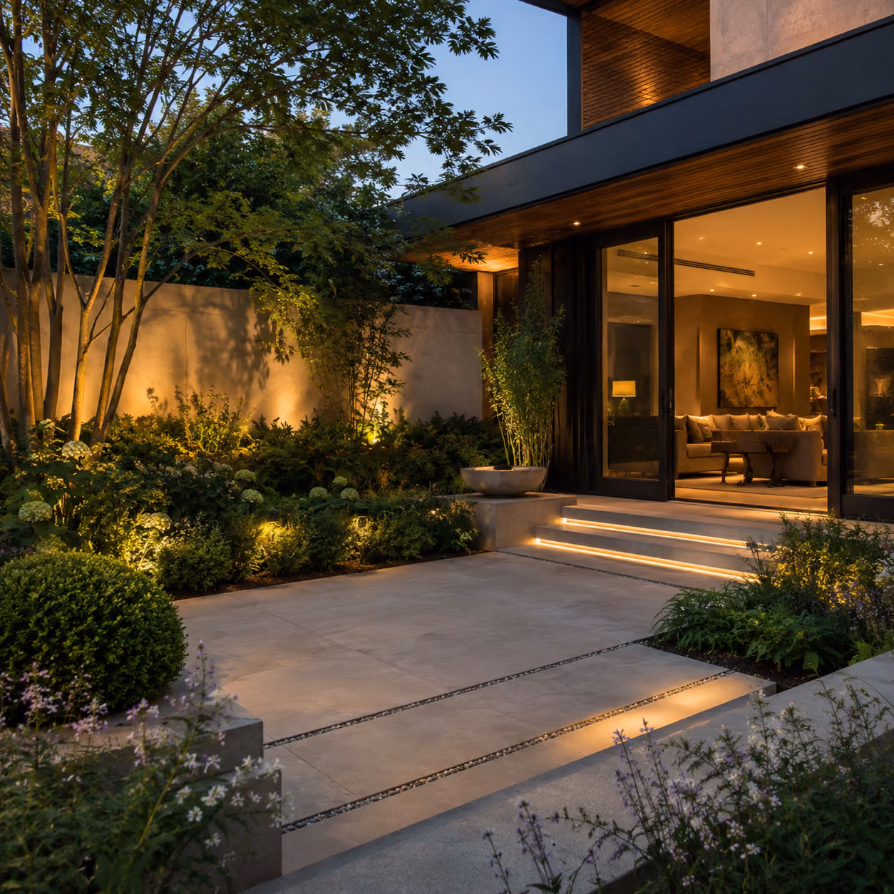 Modern home patio at dusk with warm lighting, large glass doors, stone steps, and lush green plants.